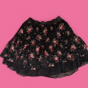 Black floral lace midi skirt with ruffles